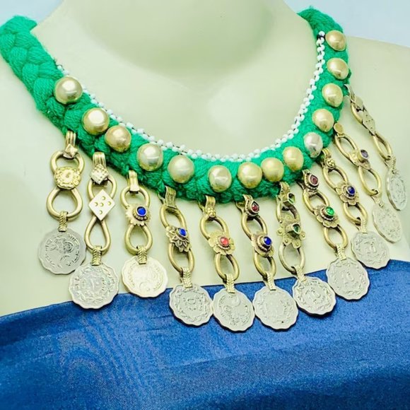 Green Choker Necklace, Vintage Coins Choker Necklace, Tribal Boho Necklace - Picture 2 of 6